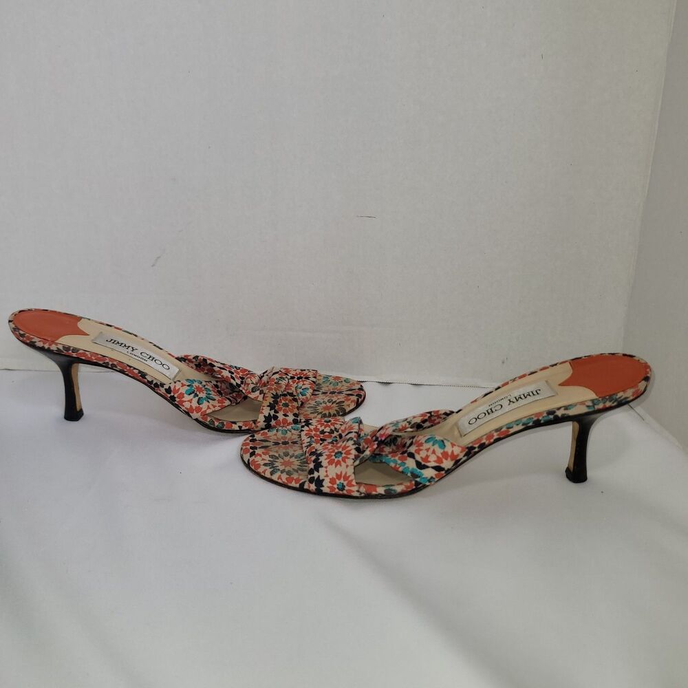 Jimmy Choo Sandals Women's 38.5 Floral Print Kitten Heel Slides Italy *Flaws